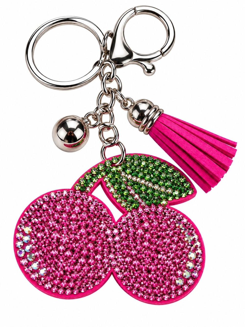 Rhinestone Pink Cherry Tassel Keychain - Women Accessories